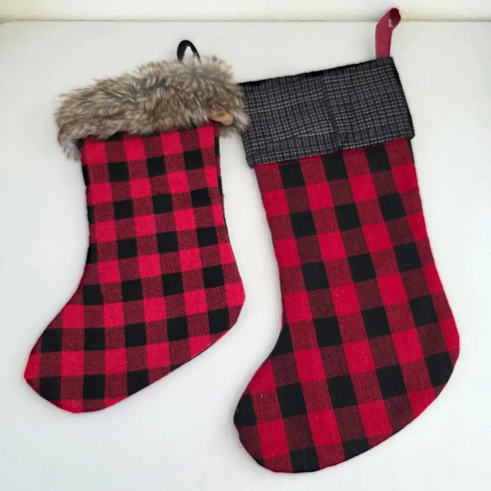 Plaid Christmas Stockings Set of 2 Snowman Applique Faux Fur Rustic Farmhouse